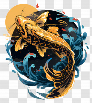 Fish Tattoo - Artistic Koi Fish With Waves Transparent PNG