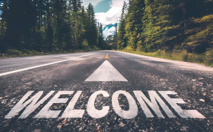 Welcome - Welcome Sign On Road With Forest Background Transparent PNG