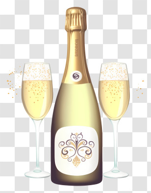 Sparkling Wine - Golden Champagne Bottle With Glasses For Celebrations Transparent PNG