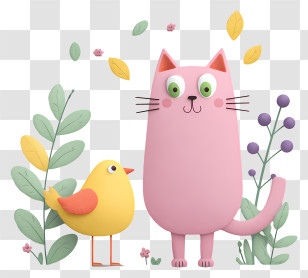 Pink Cat And Bird - Pink Cat With Yellow Bird Transparent PNG
