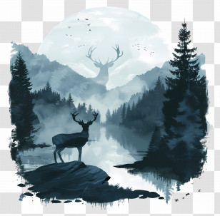 Deer Silhouette - Deer In Misty Forest Illustration Transparent PNG