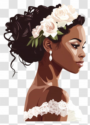 Black Bride - Elegant Bride With Floral Hairstyle Illustration Transparent PNG