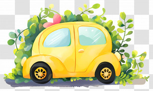 Environmental Friendly - Yellow Cartoon Car With Leafy Background Transparent PNG