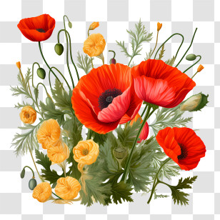 Poppy Flower - Red And Yellow Flower Bouquet Illustration Transparent PNG