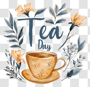 International Tea Day - Tea Day Text With Cup And Flowers Transparent PNG