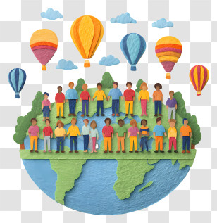 Global Population Awareness - Diverse People Standing On Globe With Balloons Transparent PNG