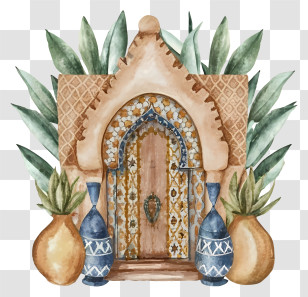 House Painting - Decorative Door With Plants And Vases Transparent PNG