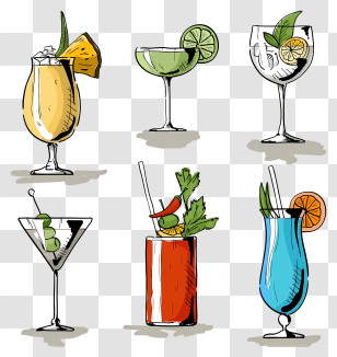 Cocktails - Hand-Drawn Cocktails With Fruit Garnishes Transparent PNG