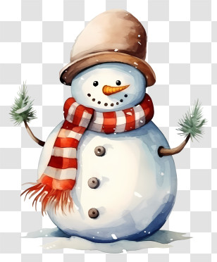 Watercolor Illustration - Snowman With Red Scarf And Hat Transparent PNG