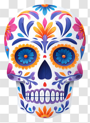 Sugar Skull Face Paint - Colorful Skull With Floral Decorations Transparent PNG