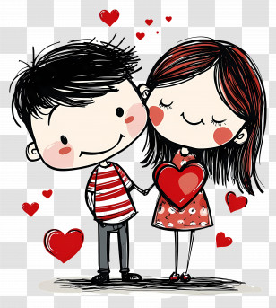 Valentines Day - Romantic Cartoon Couple With Hearts Transparent PNG