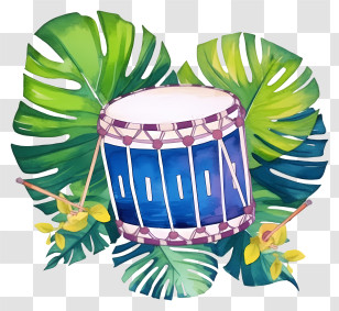 Drum - Tropical Drum With Green Leaves Transparent PNG