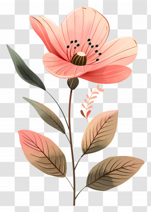 Pink Flower - Pink Floral Botanical Illustration With Leaves Transparent PNG