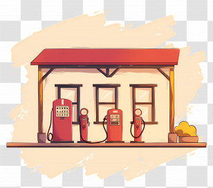Gas Station - Vintage Gas Station With Red Roof Transparent PNG