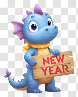 Cartoon Dragon New Year - Cute Blue Dragon Holding 'New Year' Sign Transparent PNG