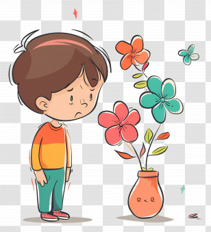 Sad Boy Looking At A Vase With Flowers - Sad Boy Looking At A Vase With Flowers Transparent PNG