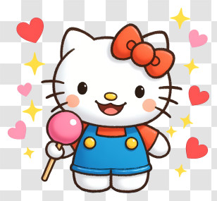 Hello Kitty Eating - Kawaii Cat With Lollipop And Hearts Transparent PNG