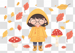 Autumn Background - Cartoon Girl In Autumn With Mushrooms Transparent PNG