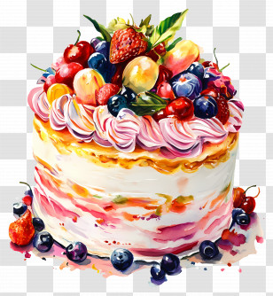 Cake Drawing - Fruit Cake Decorated With Fresh Berries And Whipped Cream Transparent PNG