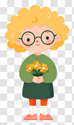 Cute Girl With Curly Hair - Cartoon Girl Holding Flowers Transparent PNG
