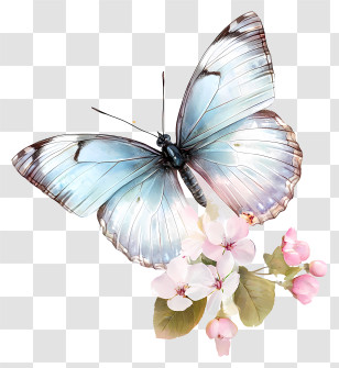 Vintage Spring - Blue Butterfly On Flowers Transparent PNG