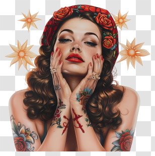 Charming Woman - Tattooed Woman With Roses Transparent PNG