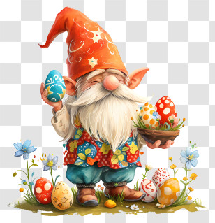 Easter Day Gnome - Red Gnome With Colorful Easter Eggs And Flowers Transparent PNG