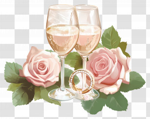 Wedding Rings - Champagne Glasses With Roses And Ring Transparent PNG
