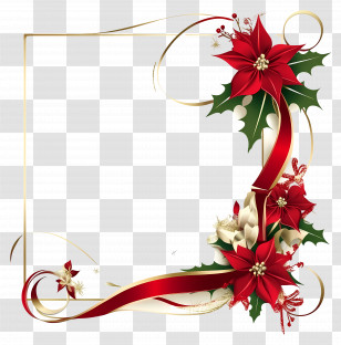 Ribbon Border - Festive Holiday Frame With Poinsettias And Ribbons Transparent PNG