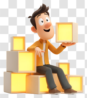 Man Sitting Beside Stack Of Boxes - Happy Character With Glowing Cubes Transparent PNG