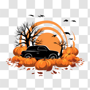 Harvest Truck Carrying Pumpkins - Car With Pumpkins And Spooky Trees Transparent PNG