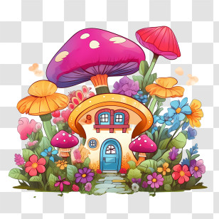 Mushroom House - Fairy House Surrounded By Colorful Flowers And Mushrooms Transparent PNG