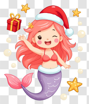 Mermaid Presenting Christmas Gift - Cute Santa Mermaid Cheer Transparent PNG
