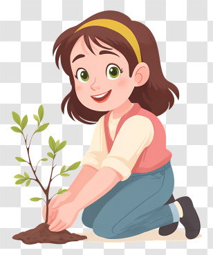 Girl Planting A Small Tree - Girl Planting A Tree Sapling Transparent PNG