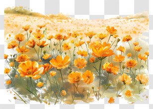 Marigold Field Background - Yellow Wildflowers In Artistic Field Illustration Transparent PNG