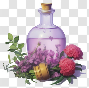 Aromatherapy - Purple Potion Bottle With Flowers And Herbs Transparent PNG