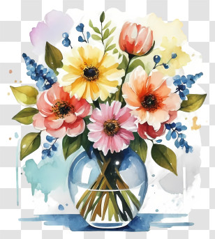 Cartoon - Beautiful Watercolor Flower Bouquet In A Vase Transparent PNG