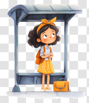 Girl Student At Bus Stop - Little Girl At Bus Stop Transparent PNG
