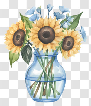 Cartoon - Beautiful Sunflowers In Blue Vase Transparent PNG