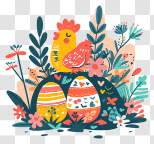 Easter Eggs - Festive Easter Eggs And Chickens In Floral Scene Transparent PNG