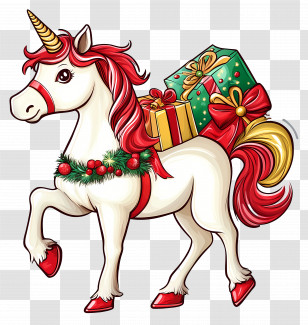 Christmas Unicorn - Festive Merry Unicorn With Holiday Gifts Transparent PNG