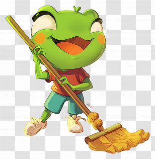 Frog Cleaning With Broom - Frog Character With Mop Transparent PNG