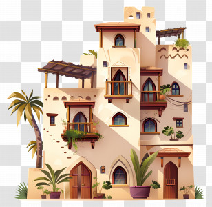 City Cottage Building - Sunlit Desert Adobe House With Cactus Plants Transparent PNG