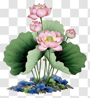 Chinese Painting Lotus - Pink Lotus With Green Leaves Transparent PNG