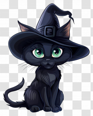 Halloween Cat - Black Cat Wearing Witch Hat Transparent PNG