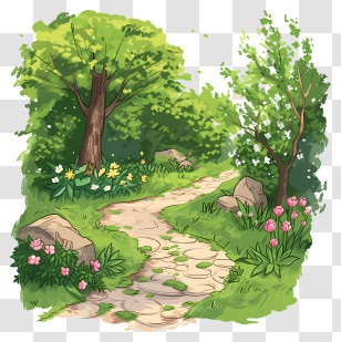 Garden Path - Scenic Garden Path With Flowers And Trees Transparent PNG