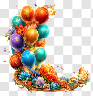 Fantasy Glow - Ornate Letter L With Balloons And Flowers Transparent PNG