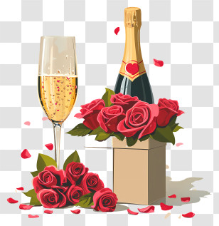 Valentine Champagne - Champagne Bottle And Roses For Romantic Celebration Transparent PNG