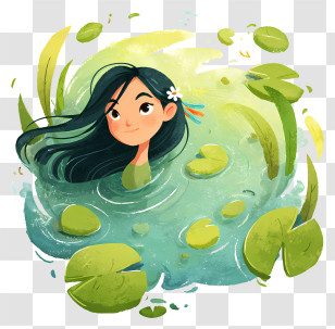 Girl Submerged In Green Water - Girl In Water With Lilies Illustration Transparent PNG