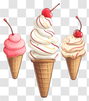 Ice Cream Cones - Ice Cream Cones With Cherry Toppings Transparent PNG